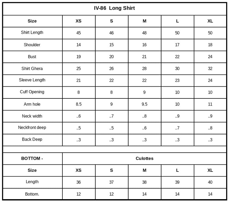 IV-86 Embroidered Velvet Size Chart