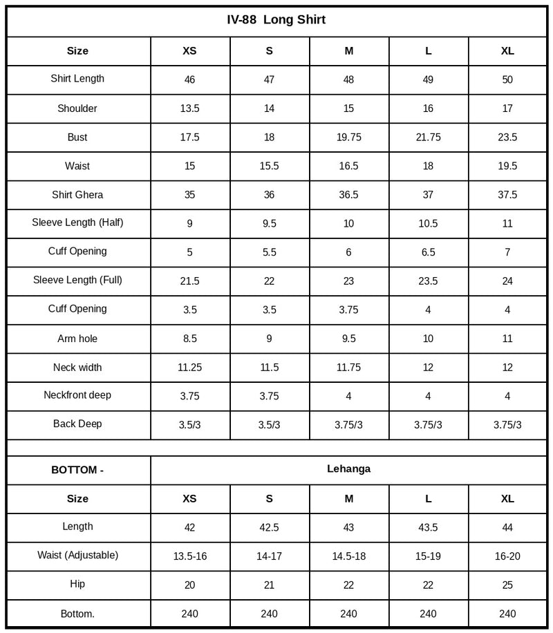 IV-88 Embroidered Velvet Size Chart