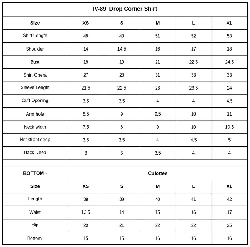 IV-89 Embroidered Velvet Size Chart