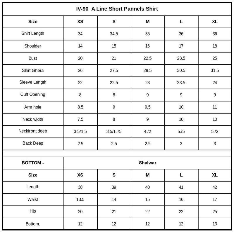 IV-90 Embroidered Velvet Size Chart