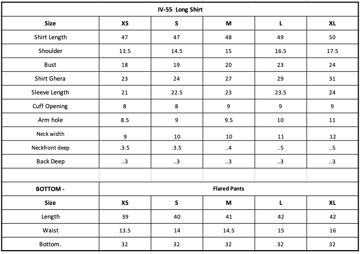 IV-55 Embroidered Velvet Size Chart
