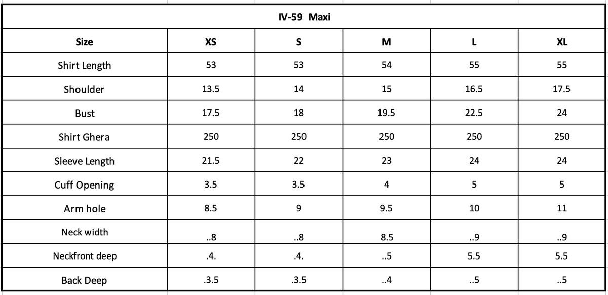 IV-59 Embroidered Velvet Size Chart