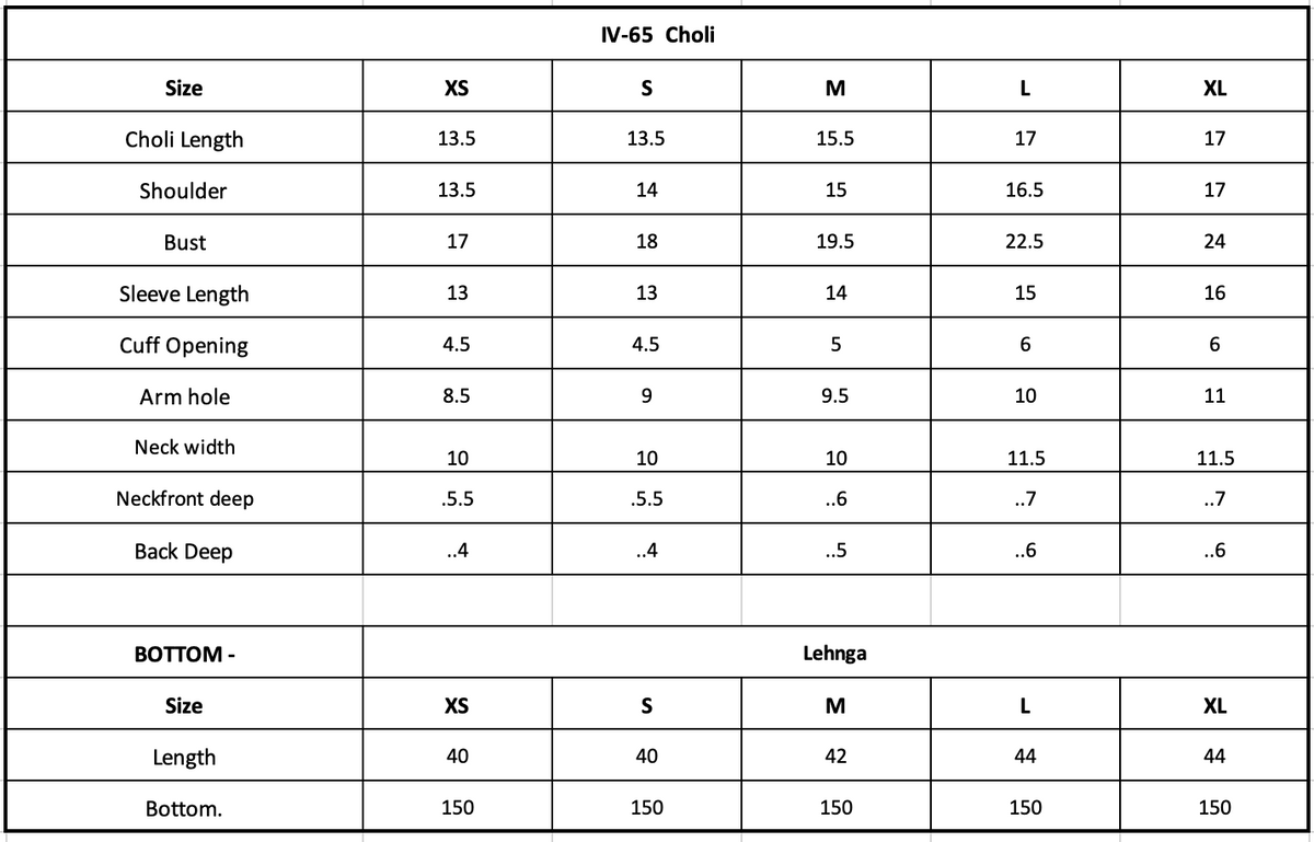 IV-65 Embroidered Velvet Size Chart