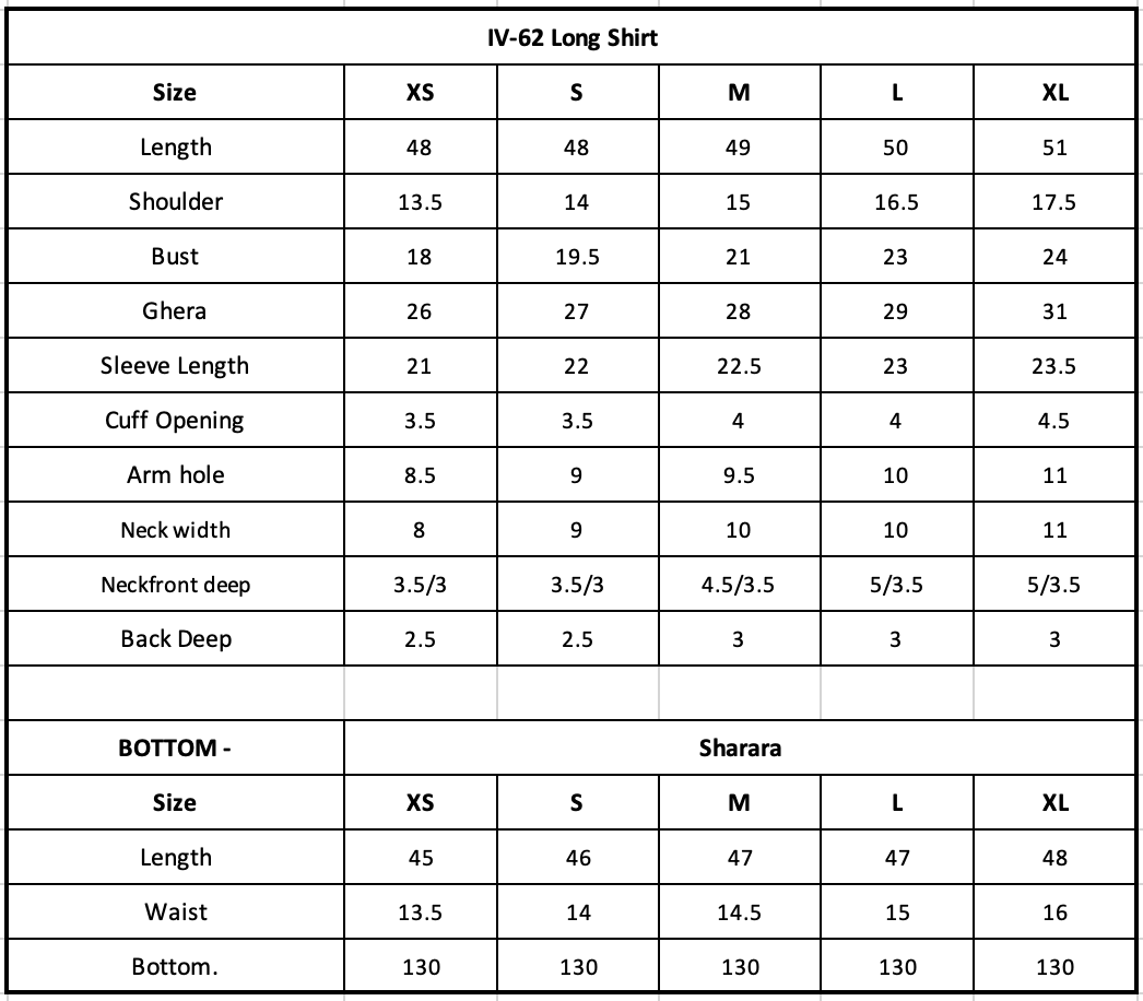 IV-62 Embroidered Velvet Size Chart