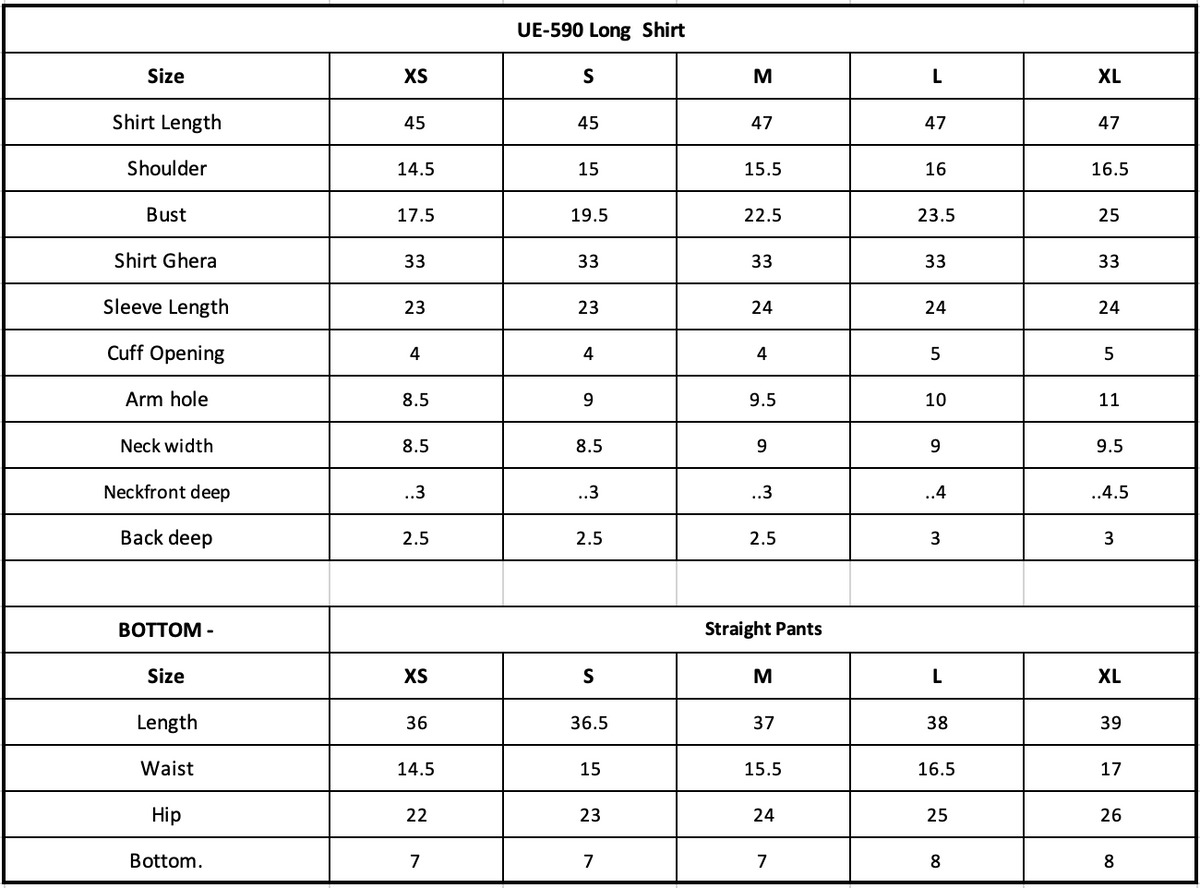 UE-590  Printed Khaddar Size Chart