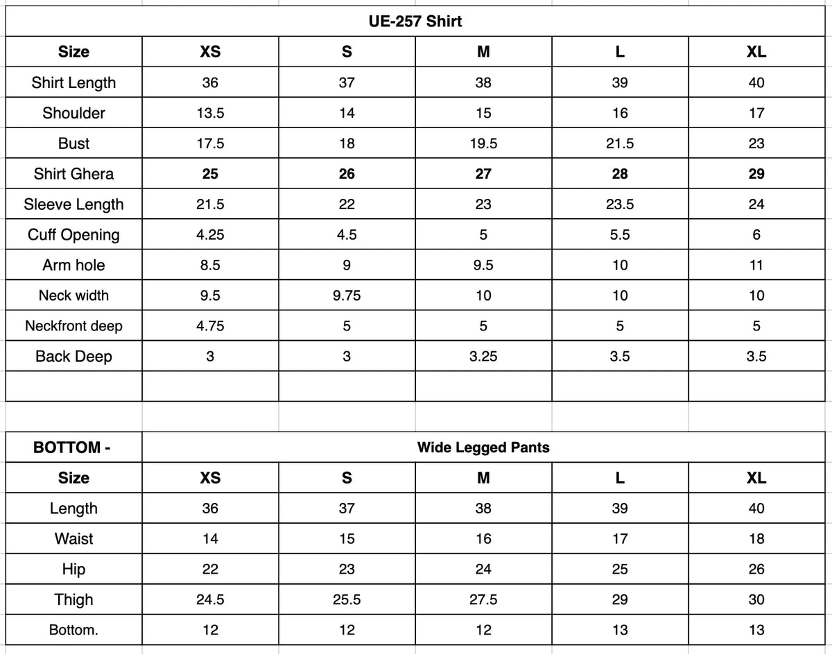 UE-257 Embroidered Lawn Size Chart