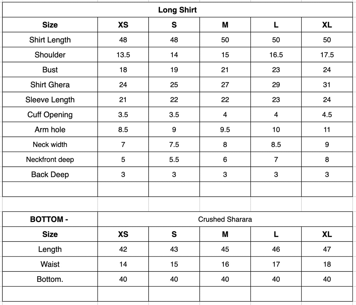 UE-287 Embroidered Net Size Chart