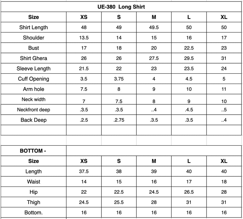 UE-380 Embroidered Khaddar Size Chart
