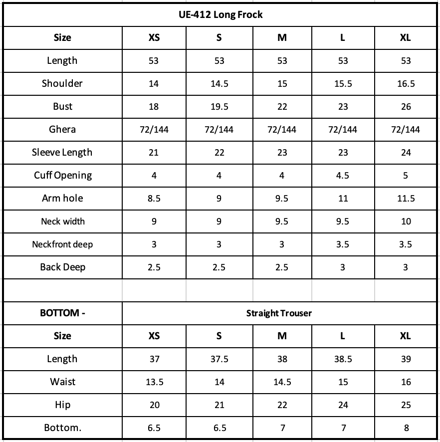 UE-412 Embroidered Chiffon Size Chart