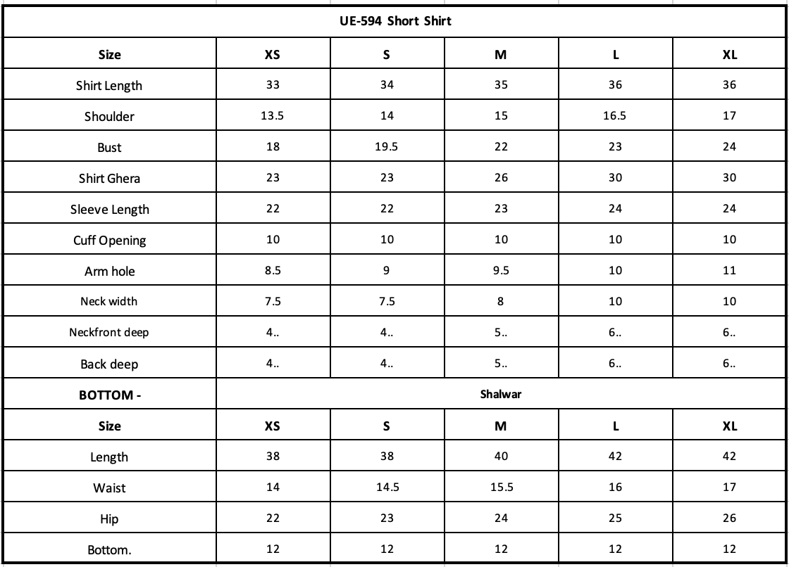 UE-594  Embroidered Lawn Size Chart