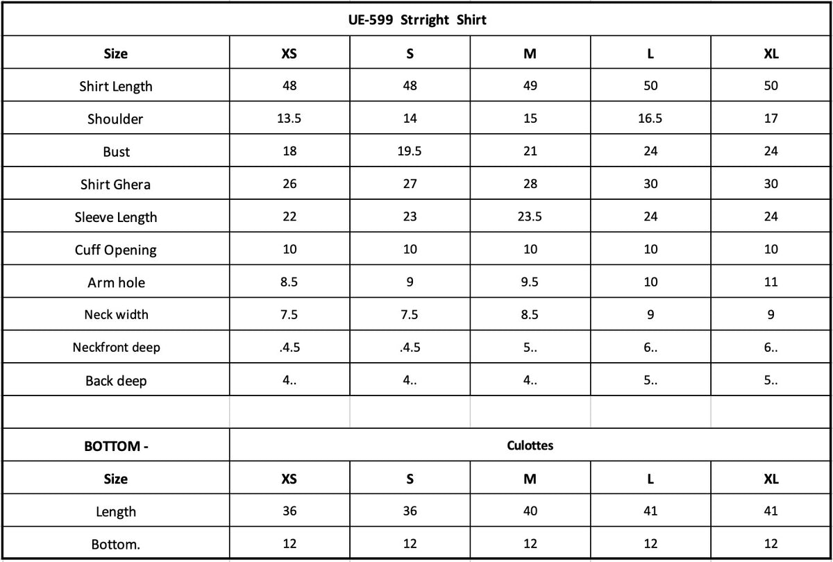 UE-599 Embroidered Lawn Size Chart