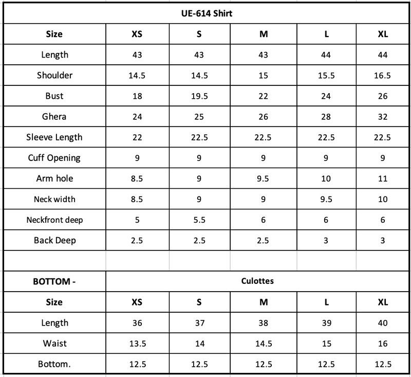 UE-614 Embroidered Ramen Silk Size Chart