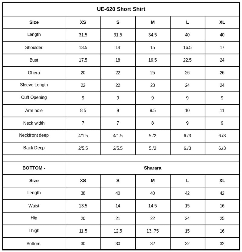 UE-620 Embroidered Ramen Silk Size Chart