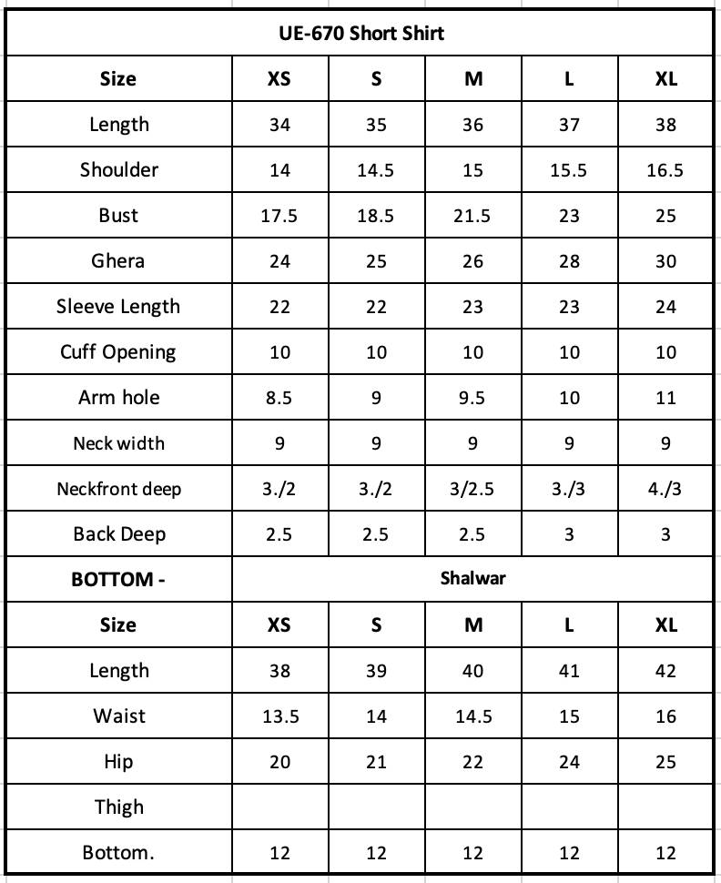 UE-670 Printed Lawn Size Chart