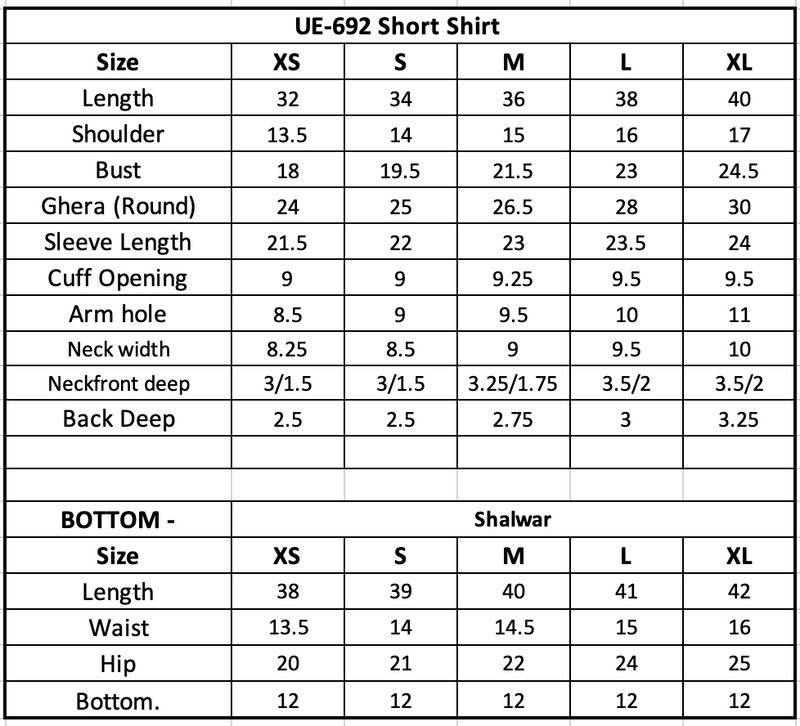 UE-692 Embroidered Lawn Size Chart