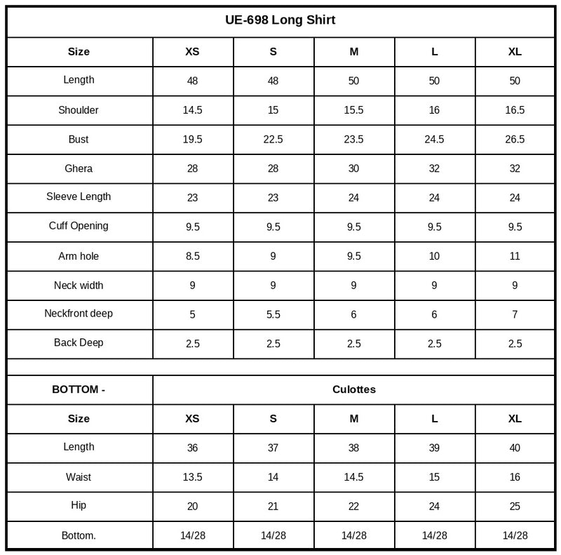 UE-698 Embroidered Lawn Size Chart