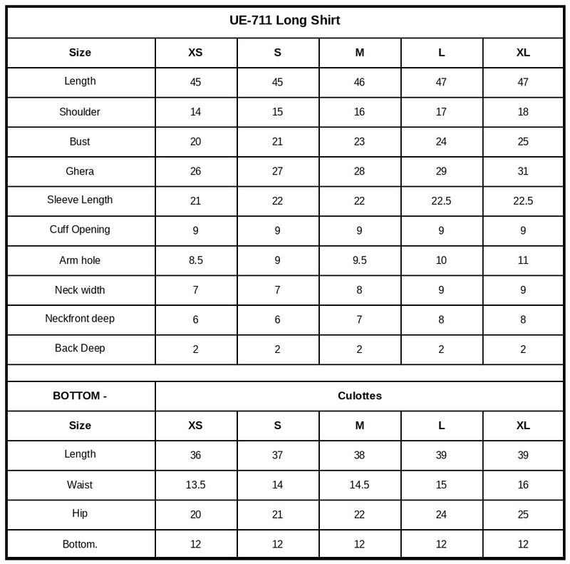 UE-711 Embroidered Lawn Size Chart