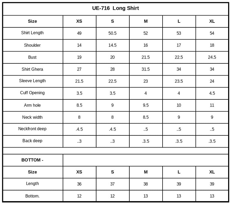 UE-716 Embroidered Ramen Silk Size Chart