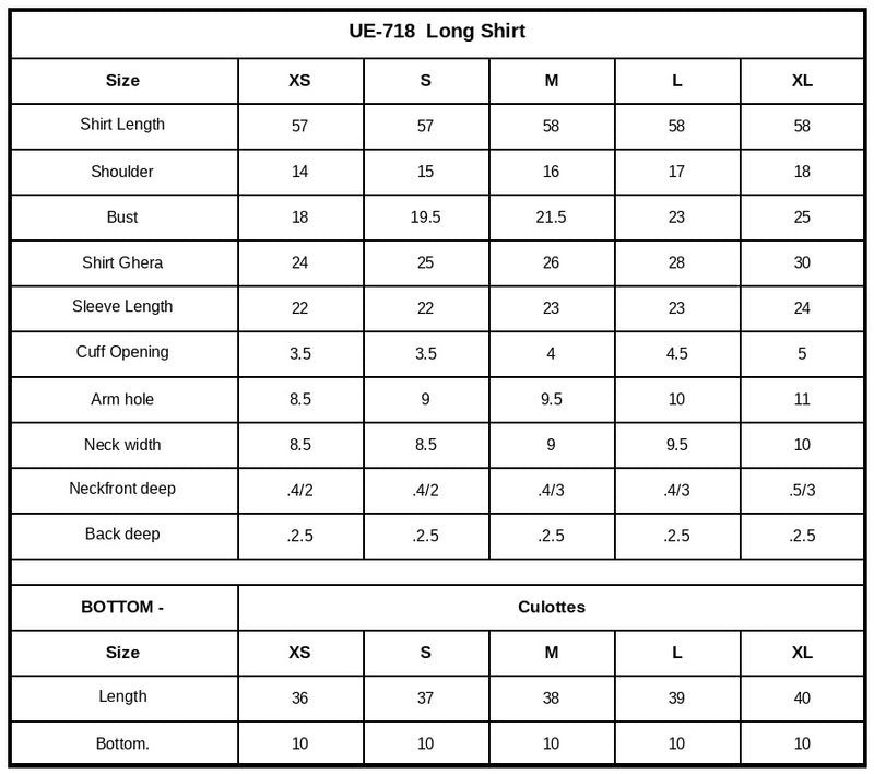 UE-718 Jacquard Sheesha Silk Size Chart