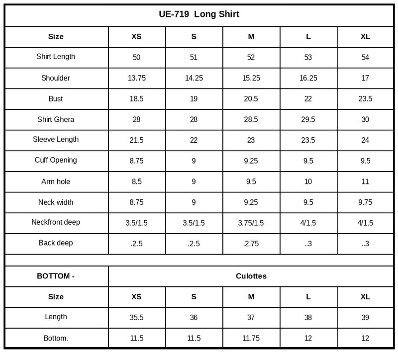 UE-719 Embroidered Jacquard Sheesha Silk Size Chart