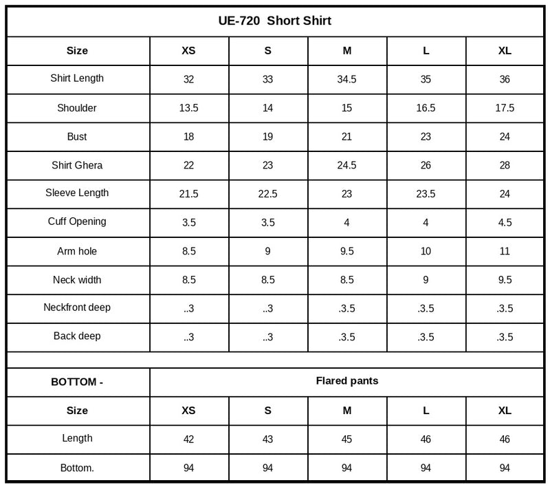 UE-720 Embroidered Ramen Silk Size Chart