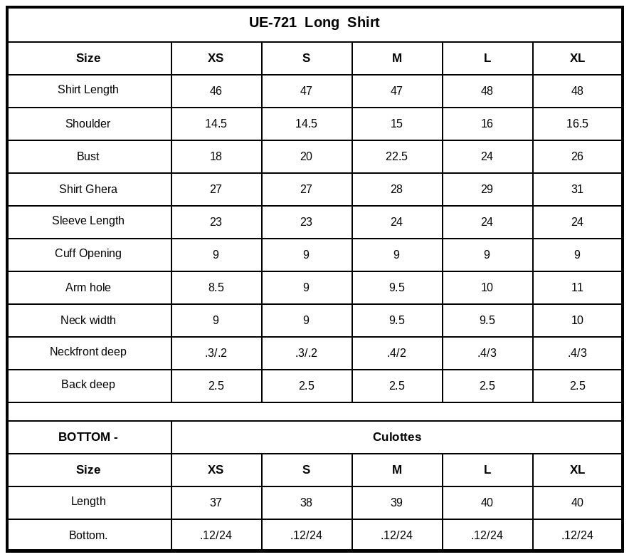 UE-721 Embroidered Ramen Silk Size Chart