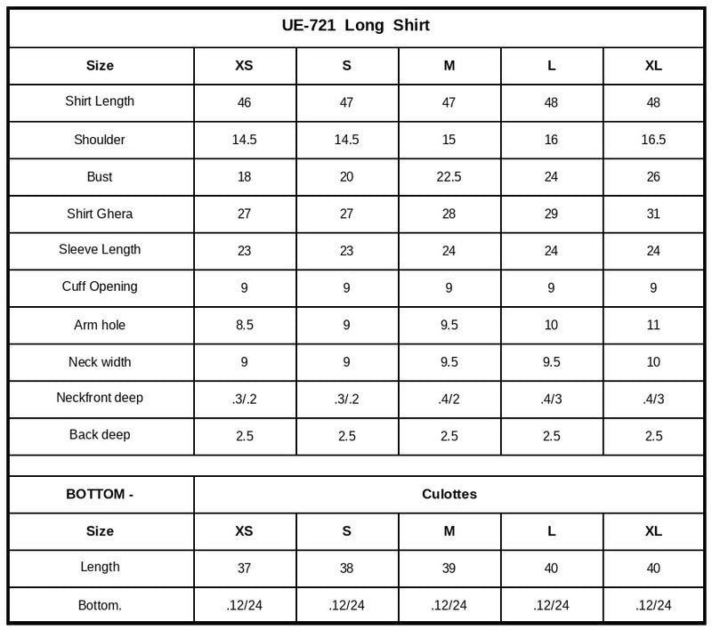 UE-721 Embroidered Ramen Silk Size Chart