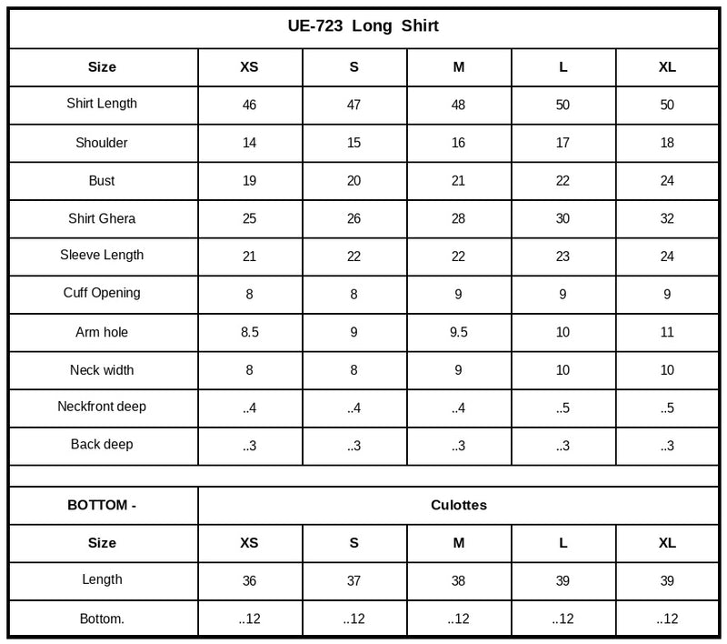 UE-723 Embroidered Ramen Silk Size Chart