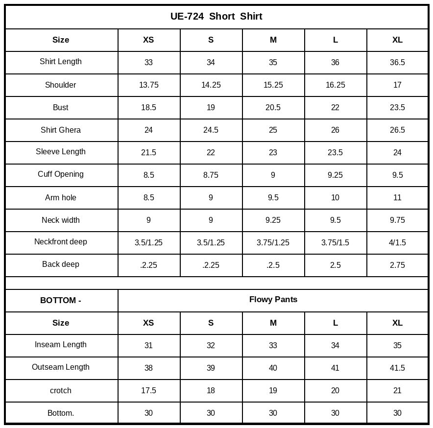 UE-724 Dyed Ramen Silk Size Chart