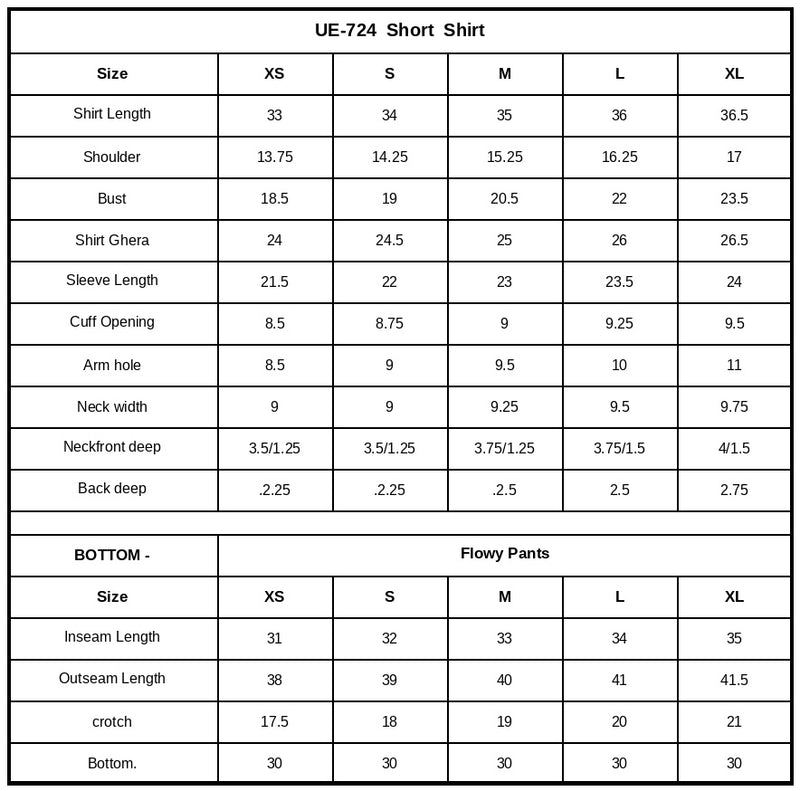 UE-724 Dyed Ramen Silk Size Chart