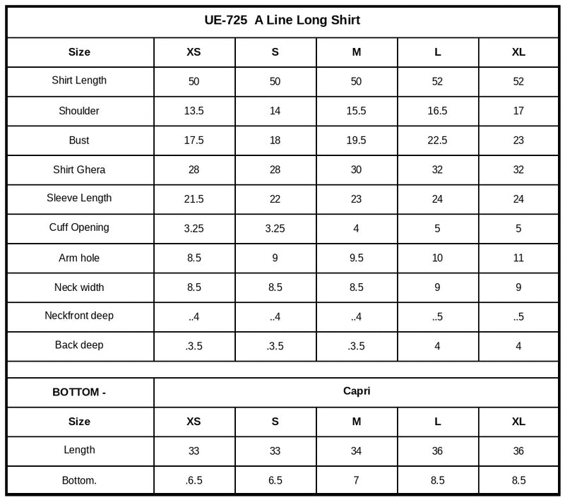 UE-725 Dyed Ramen Silk Size Chart