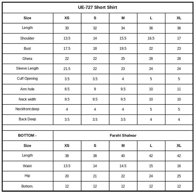 UE-727 Pure Ramen Silk Size Chart