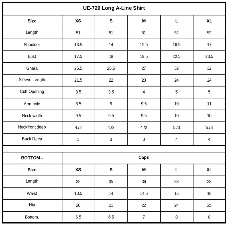 UE-729 Pure Dyed Ramen Silk Size Chart
