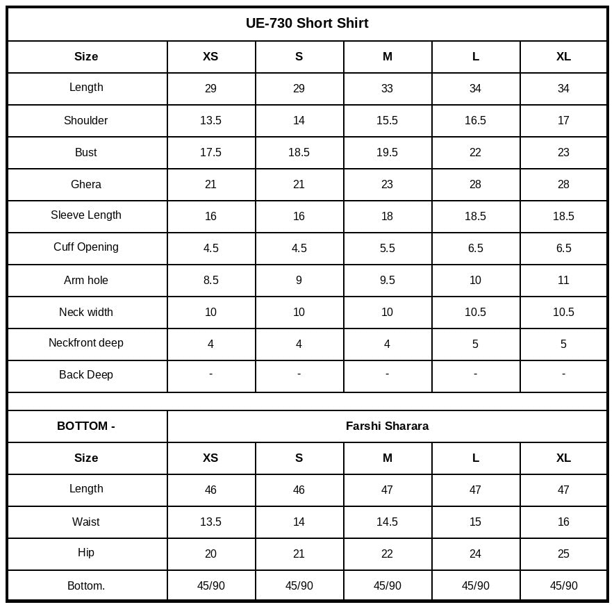 UE-730 Embroidered Ramen Silk Size Chart