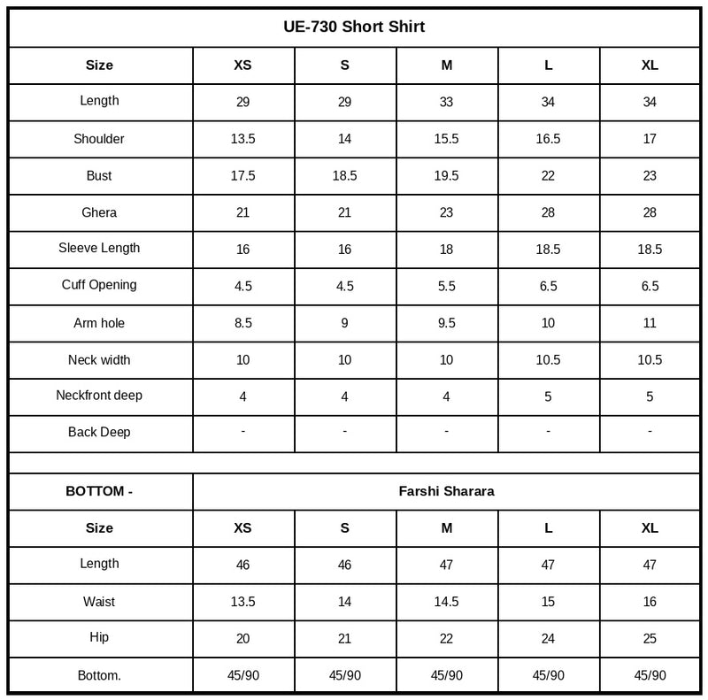UE-730 Embroidered Ramen Silk Size Chart