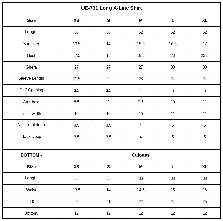 UE-731 Embroidered Ramen Silk Size Chart