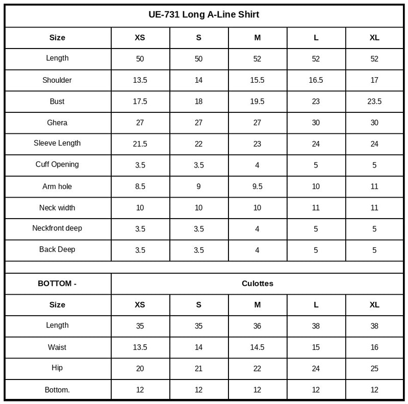 UE-731 Embroidered Ramen Silk Size Chart