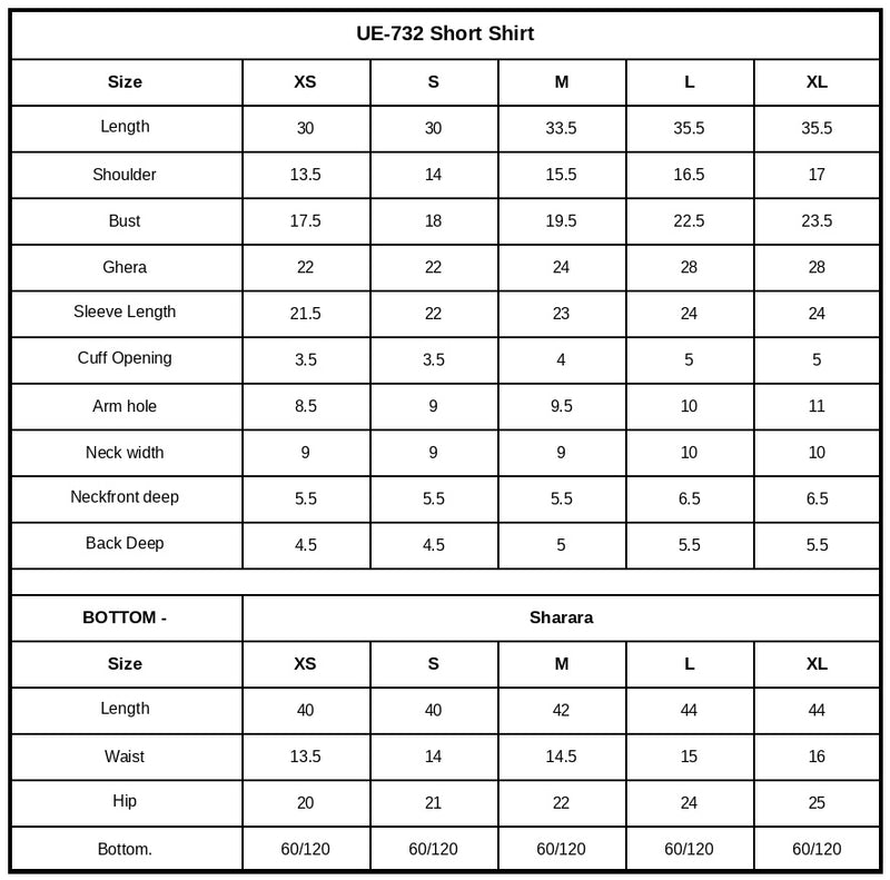 UE-732 Embroidered Ramen Silk Size Chart