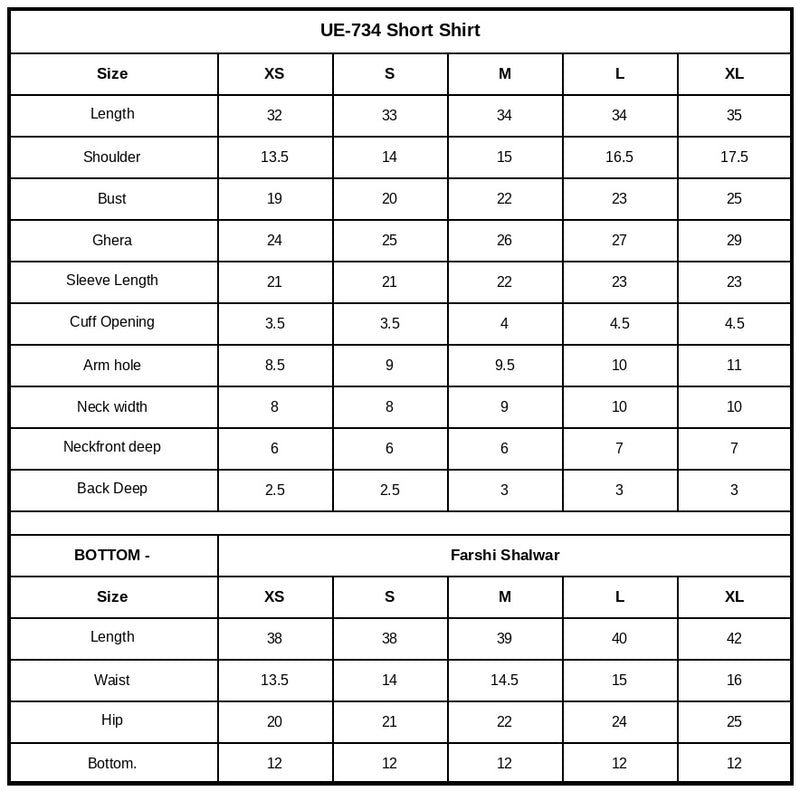UE-734 Embroidered Ramen Silk Size Chart