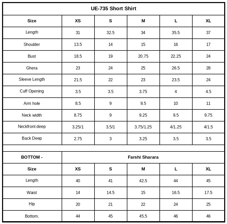 UE-735 Embroidered Ramen Silk Size Chart