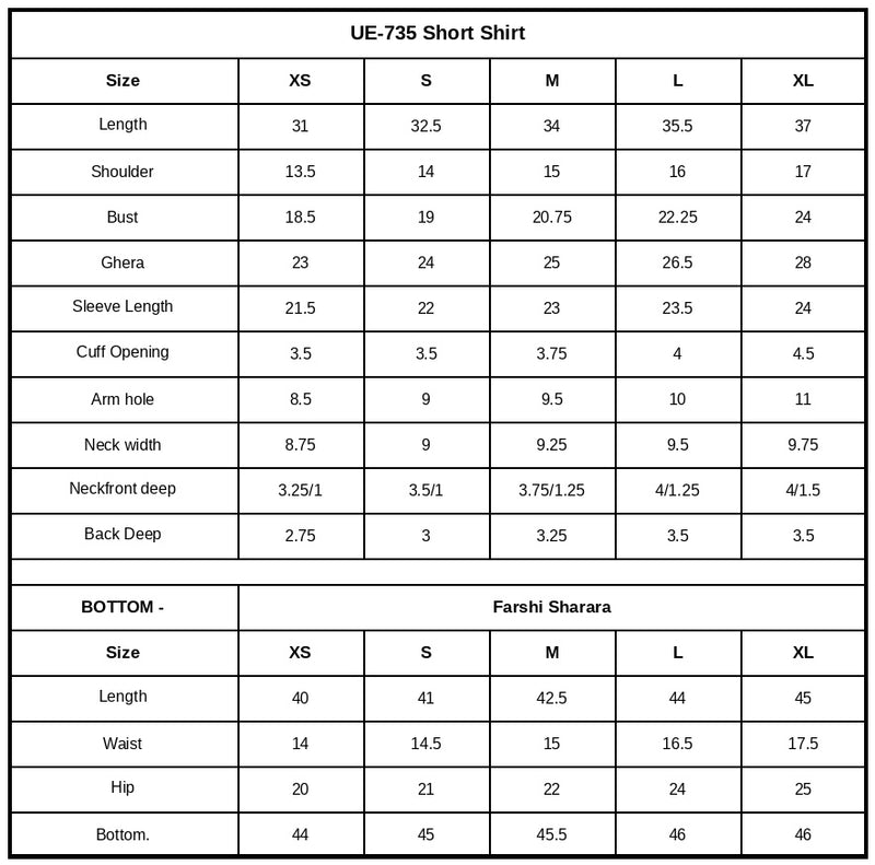 UE-735 Embroidered Ramen Silk Size Chart