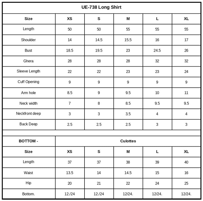 UE-738 Dyed Pure Ramen Silk Size Chart