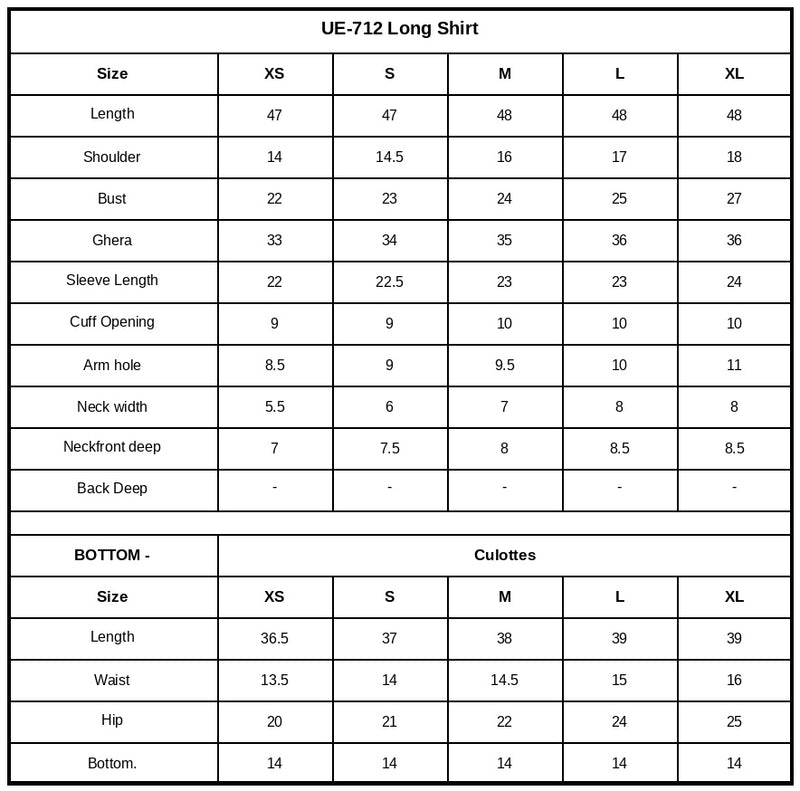 UE-712 Embroidered Lawn Size Chart