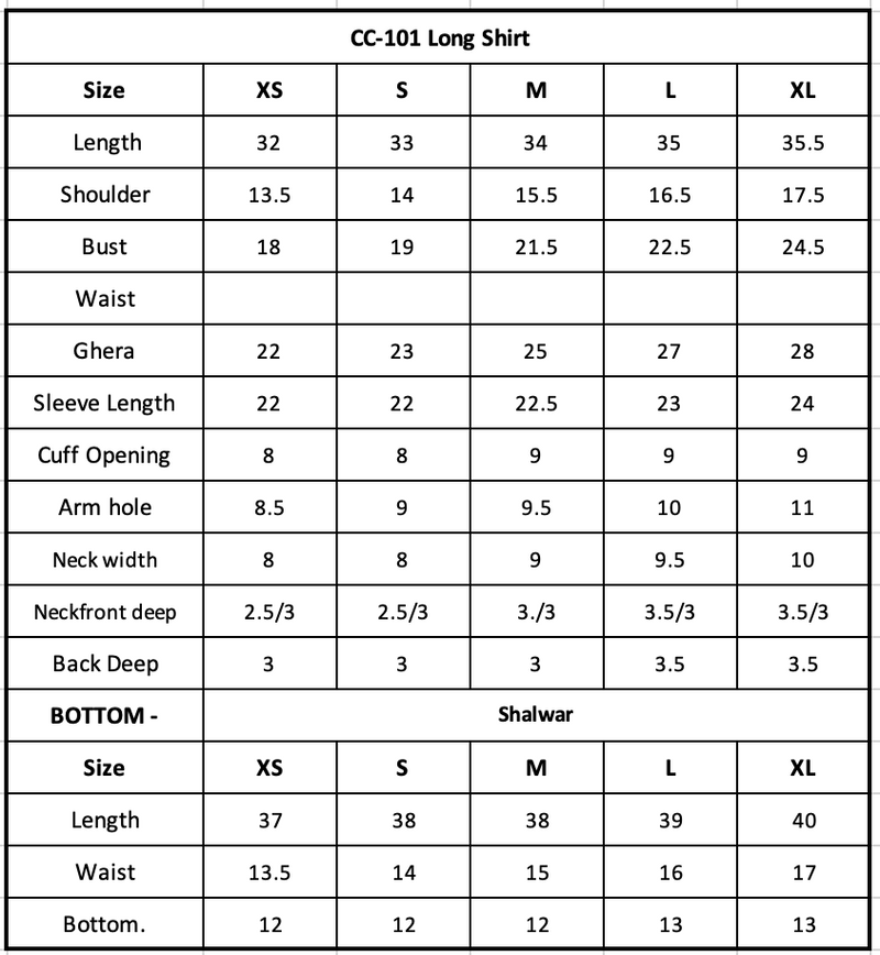 CC-101 Embroidered Chiffon Size Chart