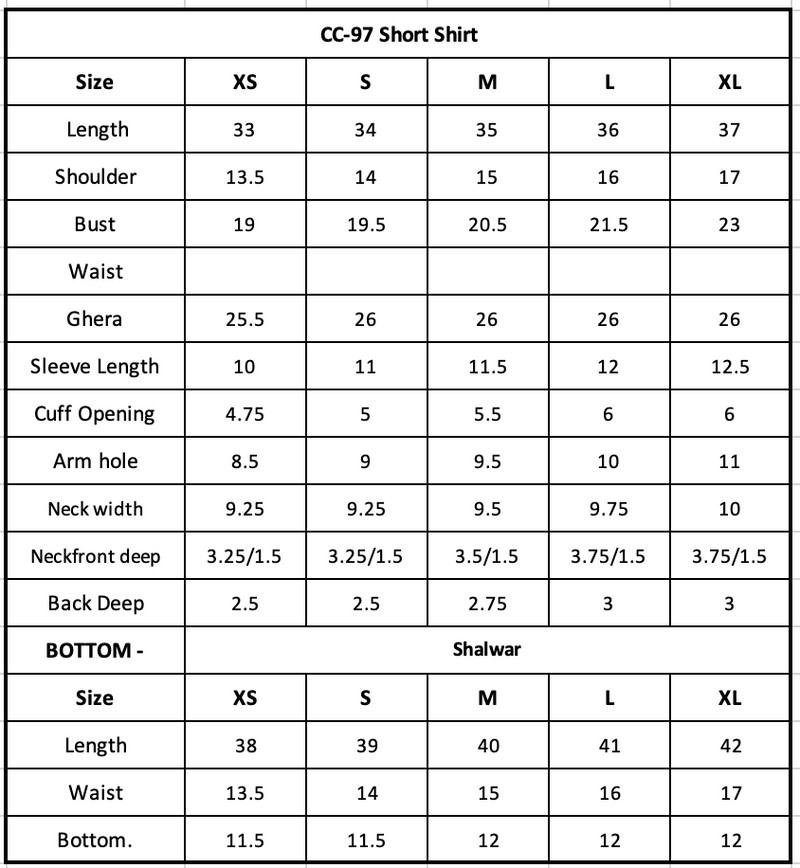 CC-97 Embroidered Chiffon Size Chart